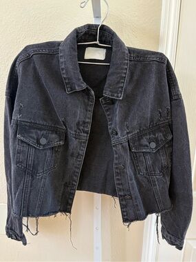All:Row Cropped Raw Hem Cotton Denim Jacket in Dark Wash - Size M